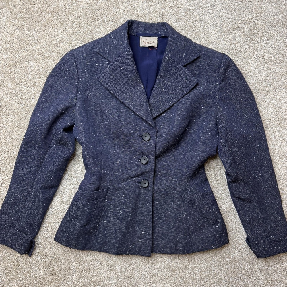 Vintage Sara Blazer Jacket Womens XS Blue Flecked 3 Button Lined Tailored Career